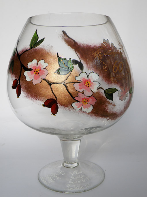 Hand painted glass Golden cherry blossoms